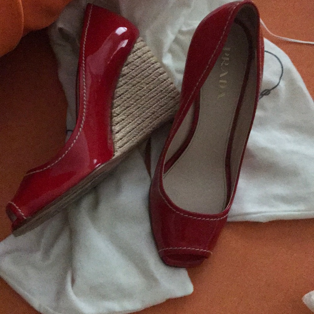 Authentic Prada red patent peep toe espadrille